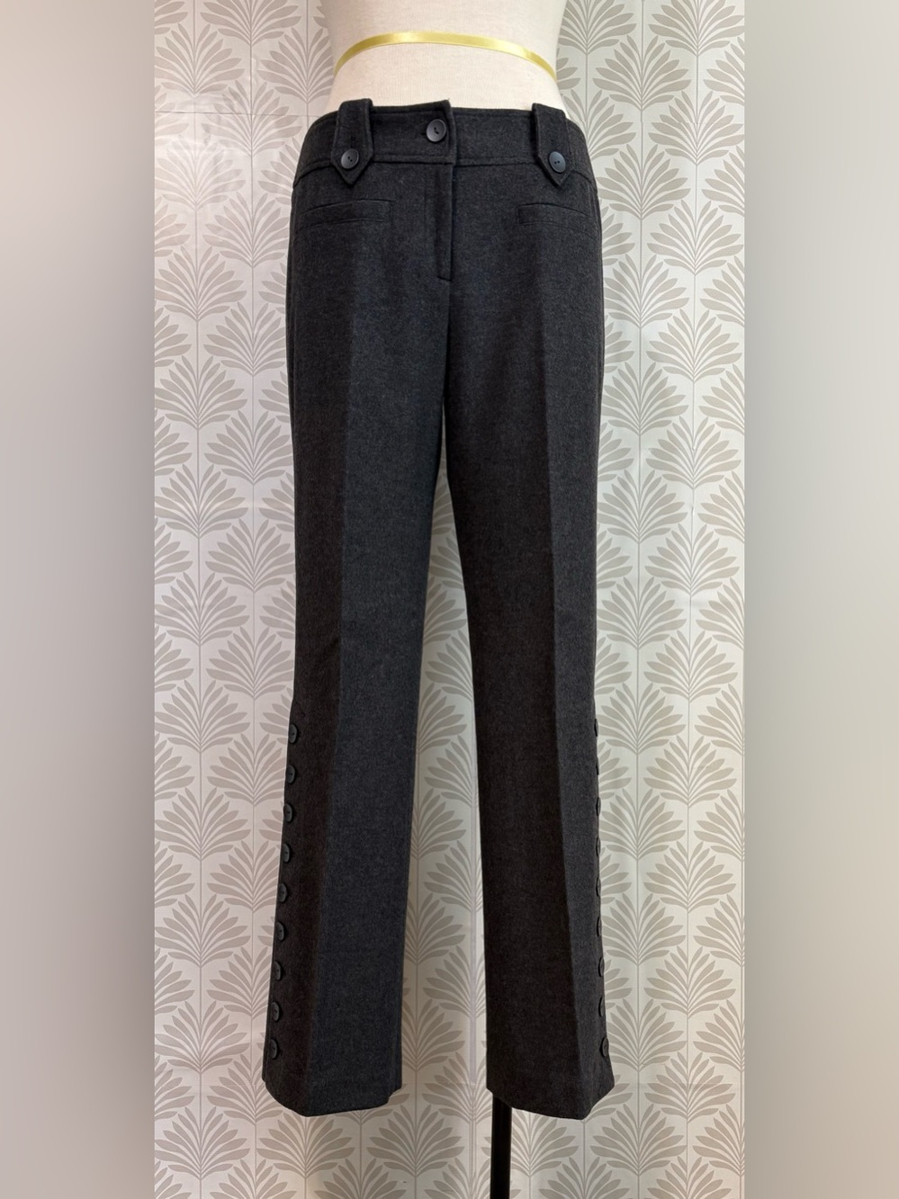 Moiselle Straight Leg Button-Trim Gray Wool Pants
